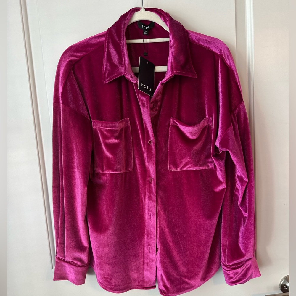 Vici Fate Hot Pink Velvet Button Down Shirt Blouse NWT Size Small